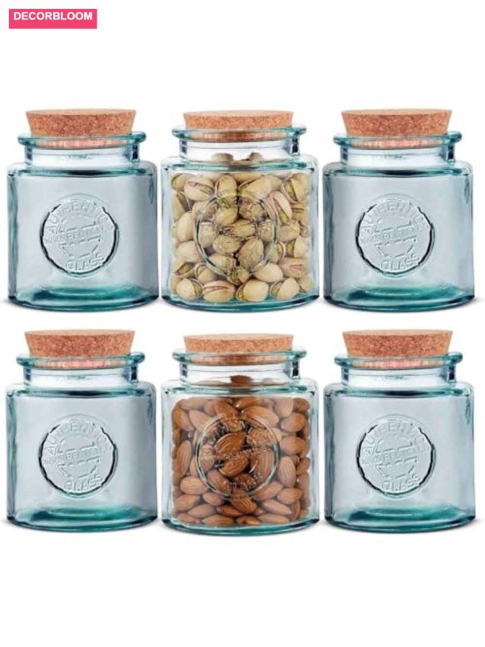 Recycled Glass Storage Jars Cork Lid Airtight 8.5 oz Set
